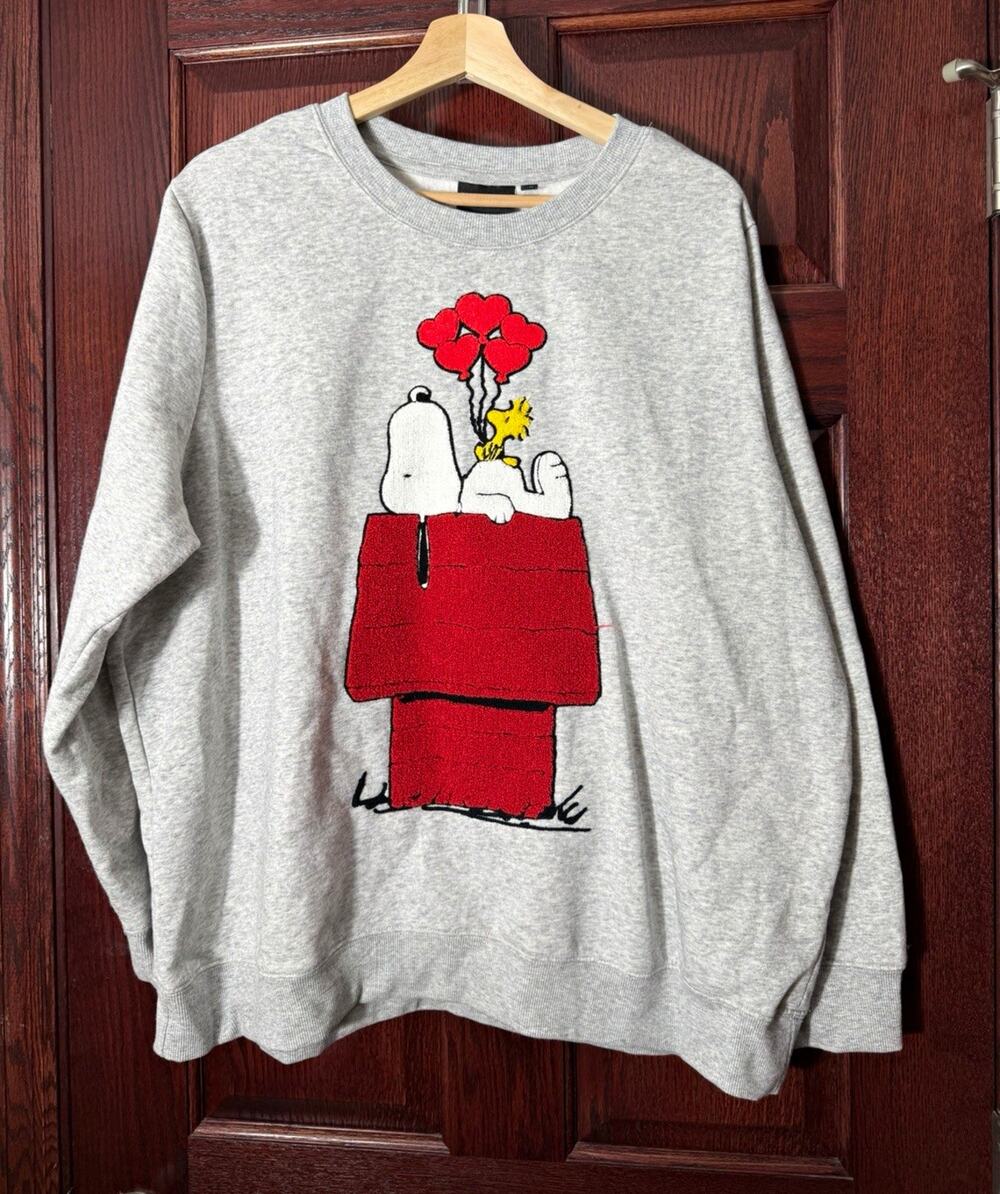 Peanuts Snoopy Woodstock Sweatshirt Gray Embroidered Crewneck Pullover Mens 2XL